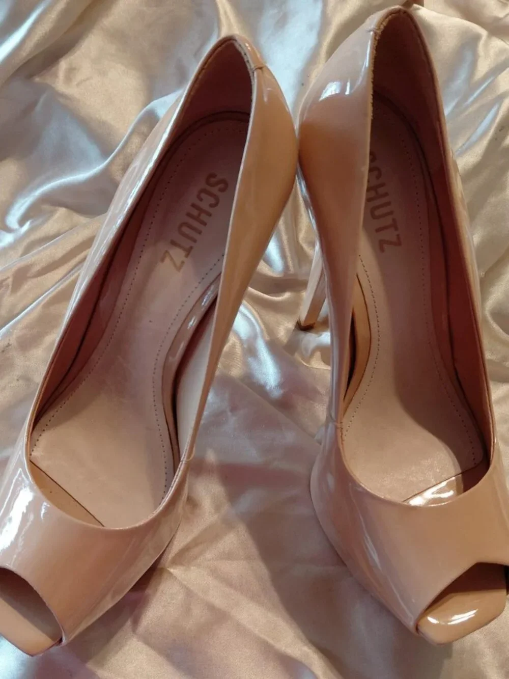 Schutz Zelda Nude Patent Leather Peep Toe Stiletto Heel